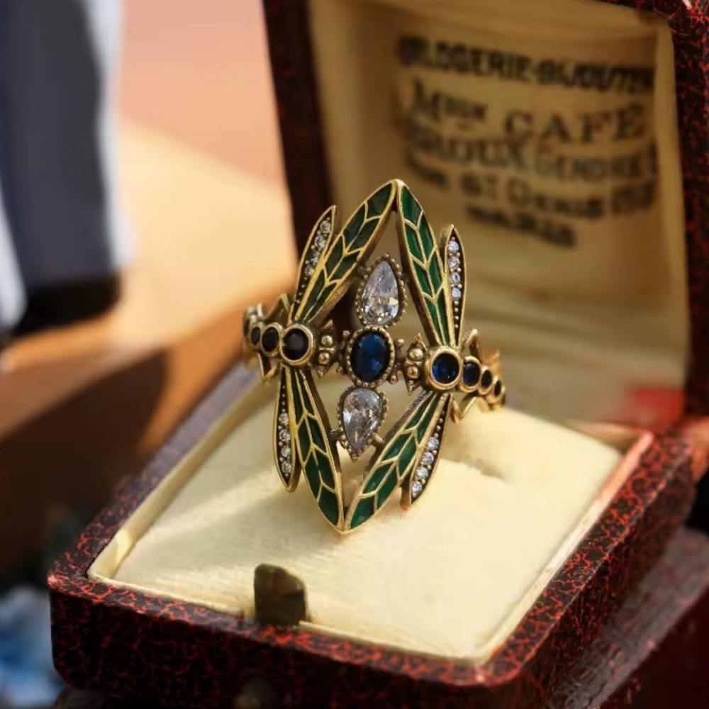 Vintage Enamel Art Deco Ring – Blue Crystal Gold Statement Jewelry - Picture 3 of 11